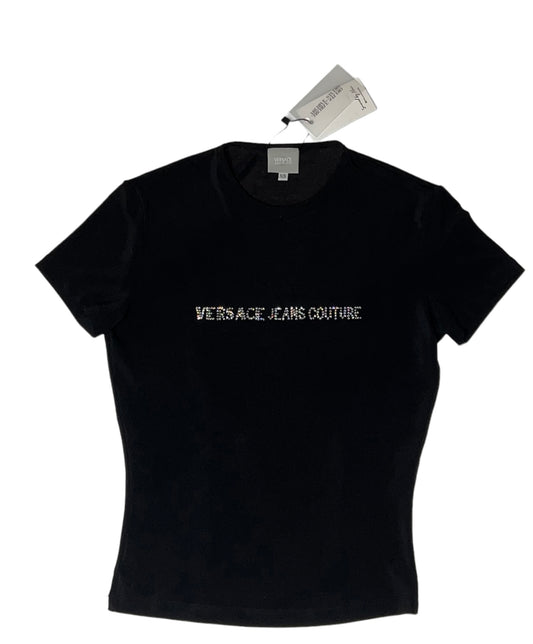 Authentic Vintage Black, Sheer Versace Jeans Couture bedazzled rhinestone logo T shirt. r, size extra small for women. 